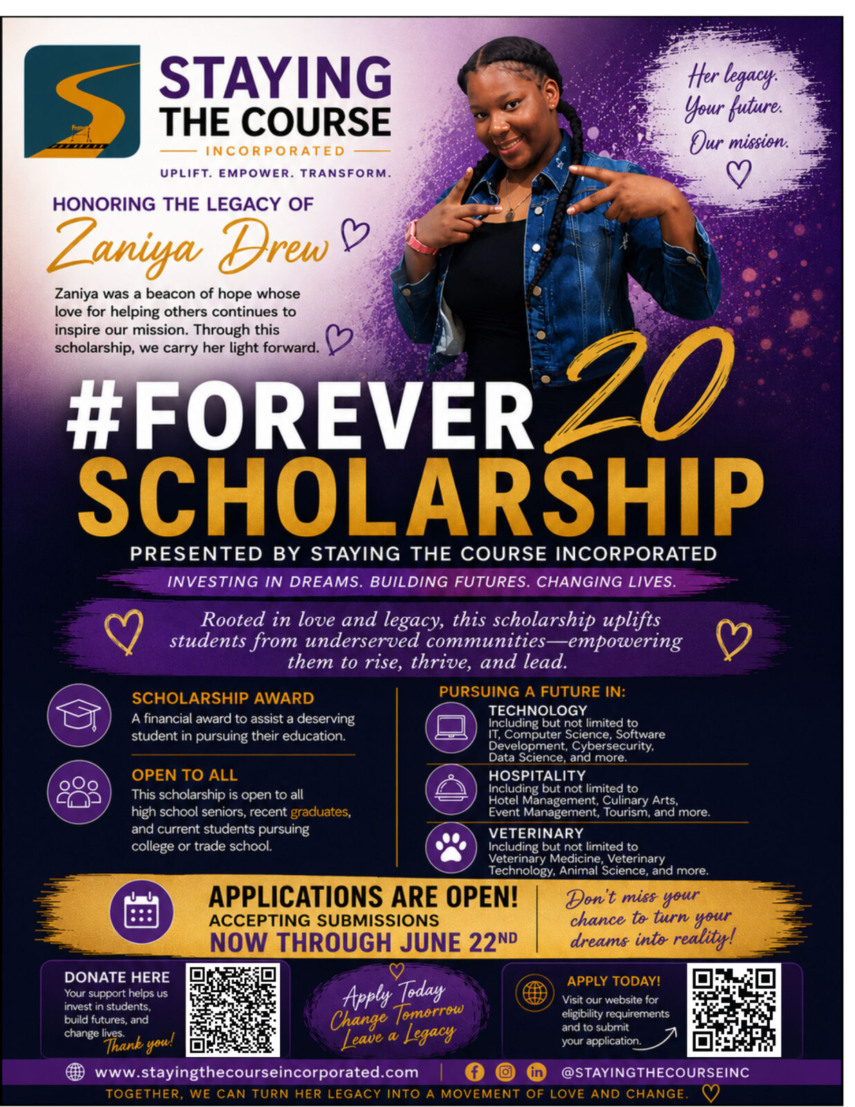 Flyer for the Forever 20 Scholarship Program
